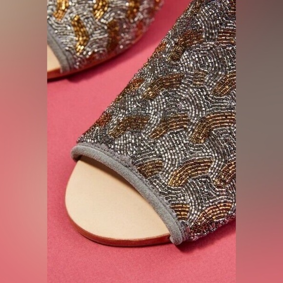 Anthropologie Gray Beaded Suede Tassels Wrap Open Toe Wedge Sandals EUC Size 37 - Picture 2 of 12